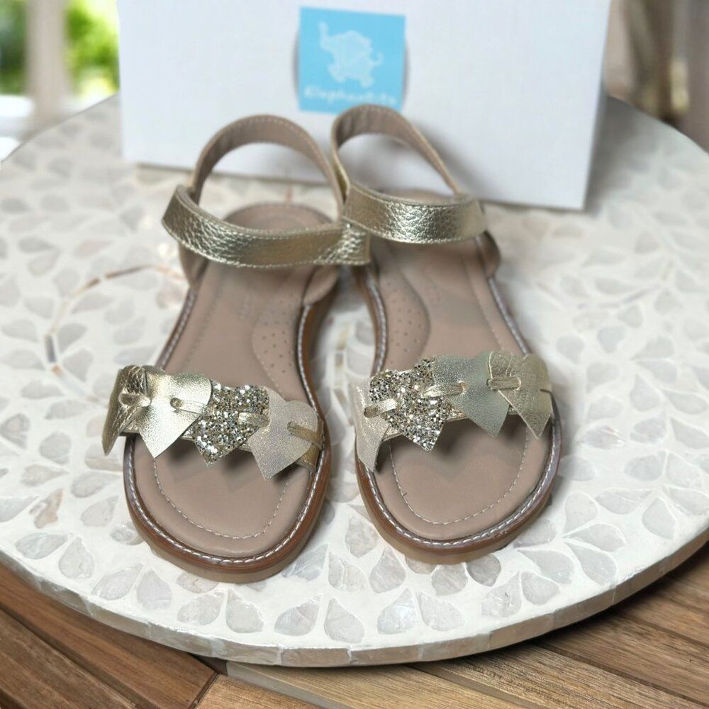 Elephantito Leather Girls Gold Heart Sandals Kids Size 12 Glitter Dress Shoes
